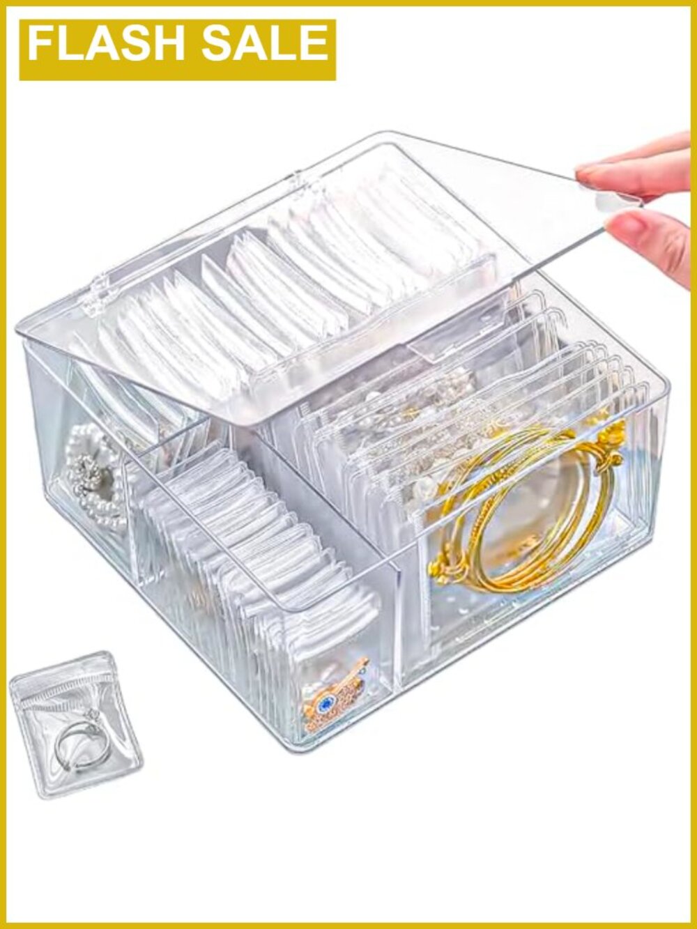 Acrylic Jewelry Box Organizer with 60 Anti Tarnish Bags, Travel Case for